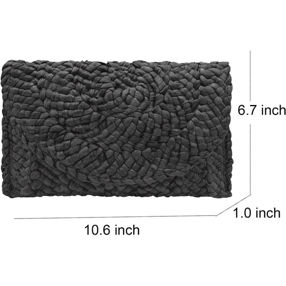 Women Black Woven Straw Beach Handbag Envelope Clutch Rattan Clutch - Picture 7 of 7